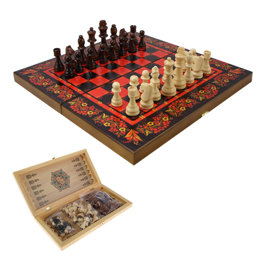 Набор игр шахматы нарды, шашки с доской Хохлома красная SA-SH-503 - фото 187264