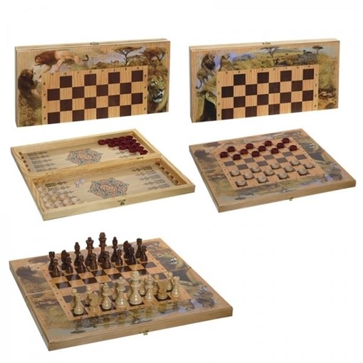 Игра настольная 3 в 1 "Сафари" (шахматы, шашки, нарды) L50 W25 H5 см - фото 193142