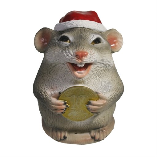 Фигурка декоративная Крыса с монетой 10 рублей (серый) L7 W7 H9 см - фото 253970