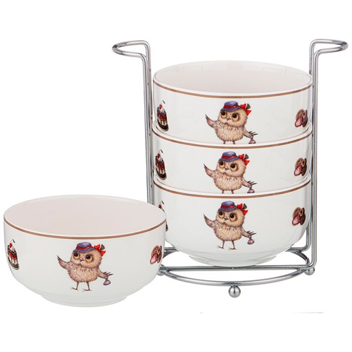 Набор салатников 4 шт на металл.подставке "Совушки" 11 см - фото 292233