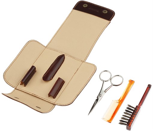 Дорожный набор для усов и бороды IL Ceppo в коричневом чехле: щетка, расческа, ножницы - фото 353873