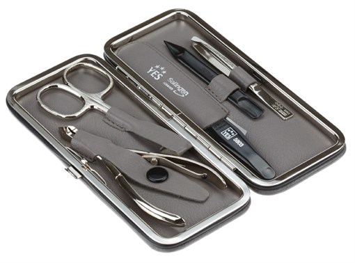 Маникюрный набор YES, 5 пр. Футляр: натуральная кожа, цвет серый - фото 356576