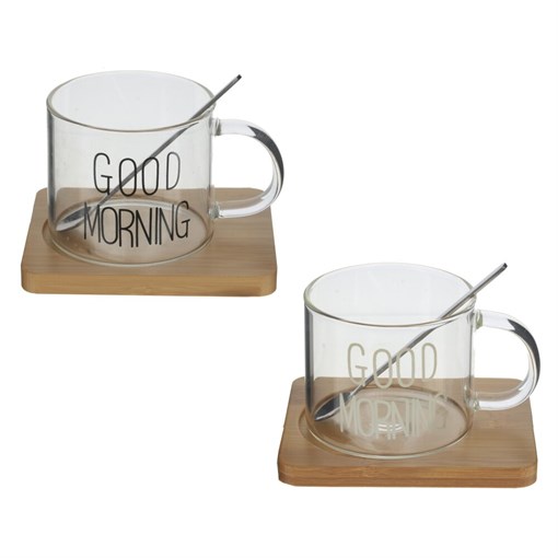 Кружка с ложкой на деревянной подставке, 300 мл, L11 W8 H7 см, 2в. - фото 379822