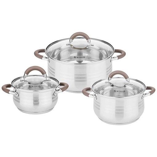 Набор кастрюль agness со стекл.крышками 6пр.1,7/3,5/5,5 л. размер 16x9,5/20x12.5/ 24x13.5 см - фото 396788