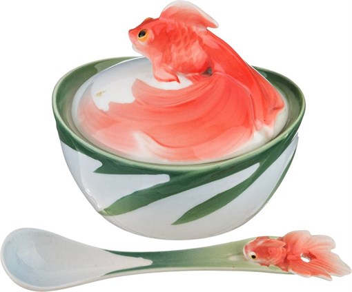 Икорница с крышкой и ложкой "Золотая рыбка" 10*10*9 см - фото 397927