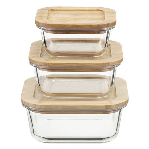 Набор стеклянных квадратных контейнеров с бамбуковыми крышками, 3 шт. - фото 407118