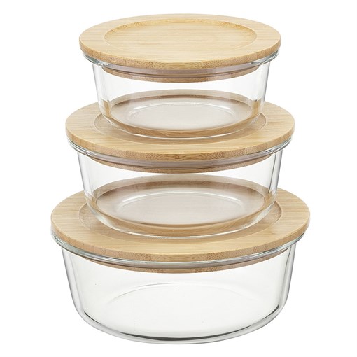 Набор стеклянных круглых контейнеров с бамбуковыми крышками, 3 шт. - фото 407128