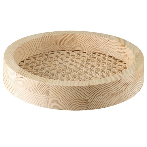 Поднос из дерева и ротанга круглый Woodnes, D23 см, светлое дерево - фото 407244
