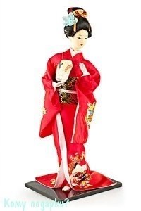 Кукла декоративная "Гейша с вером", h=40 см, красное кимоно - фото 50384