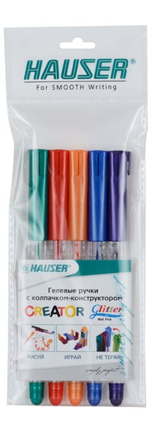 Набор: Гелевая ручка Hauser Creator Glitter Gel, чернила с блестками - 5шт, пакет - фото 258101