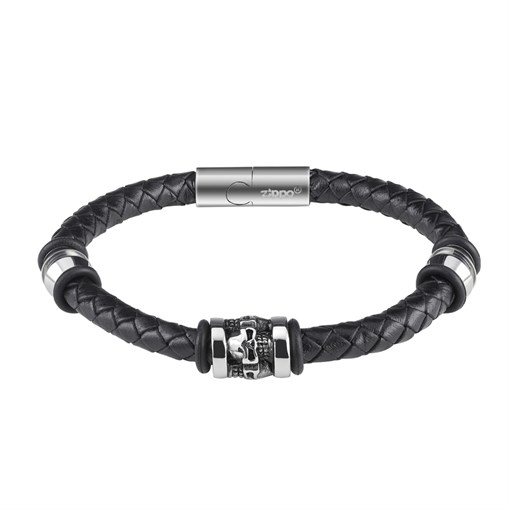 Браслет ZIPPO Three Charms Leather Bracelet, с шармами, чёрный, кожа/нержавеющая сталь, 20 см - фото 357205