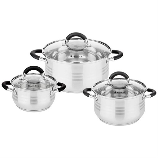 Набор кастрюль agness со стекл.крышками 6пр.1,7/3,5/6,5 л. размер 16x9,5/20x12.5/26x13.5 см - фото 396761